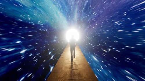 Man running om a golden road through space stars and nebula