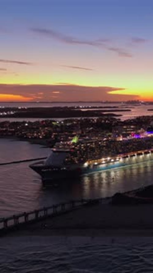 USA Travel Destination Miami Skyline with Ocean Cruise Liner Departing From Port