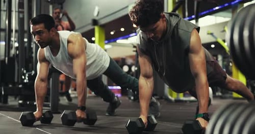 Routine, bodybuilding and men with weights, gym and exercise for wellness or muscle with equipment