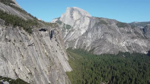 Yosemite National Park, the aerial view of the half dome. the mountain cliff it's on the side of the