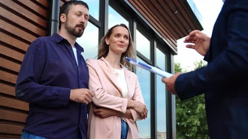 Smiling Couple Family Talking Real Estate Agent Buying Suburb House Mortgage Deal Formal Agreement