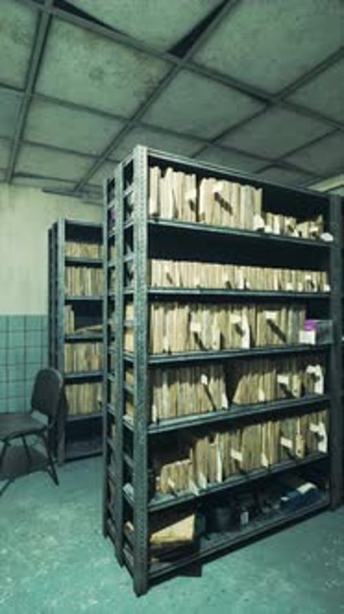 Dusty Shelves Filled with Old Medical Records in a Forgotten Hospital Room