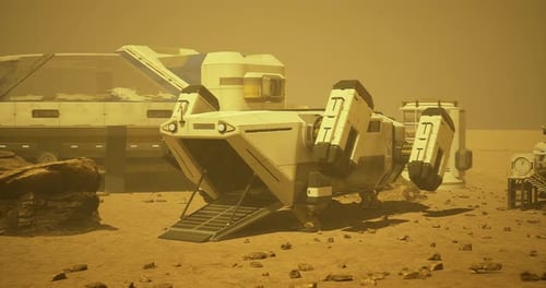 Exploration Rover on Mars Surface During Dust Storm Near Base Station