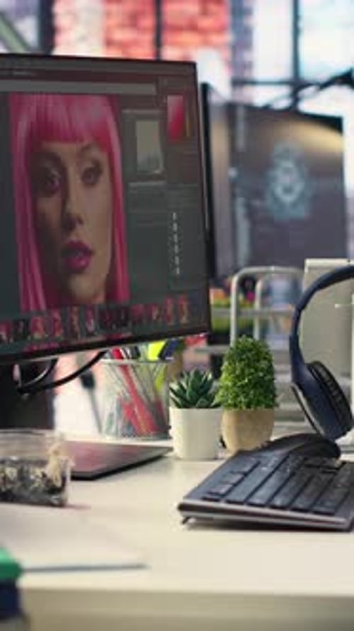 Vertical Video Modern Office Workspace Equipped for Digital Design and Photo Editing