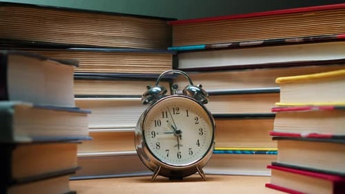 Old Alarm Clock Stands in Stacks of Old Books on the Table