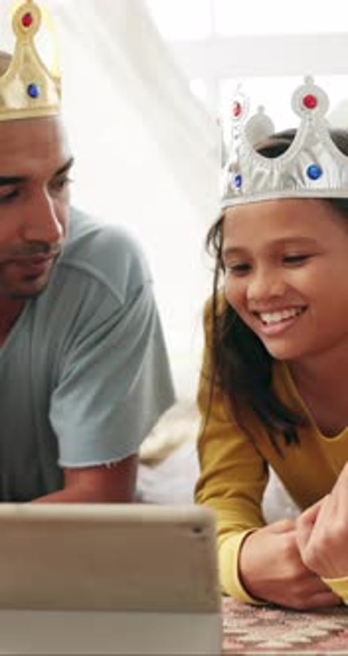Toys, father and girl with tablet in home, streaming princess movie and watch cartoon for bonding