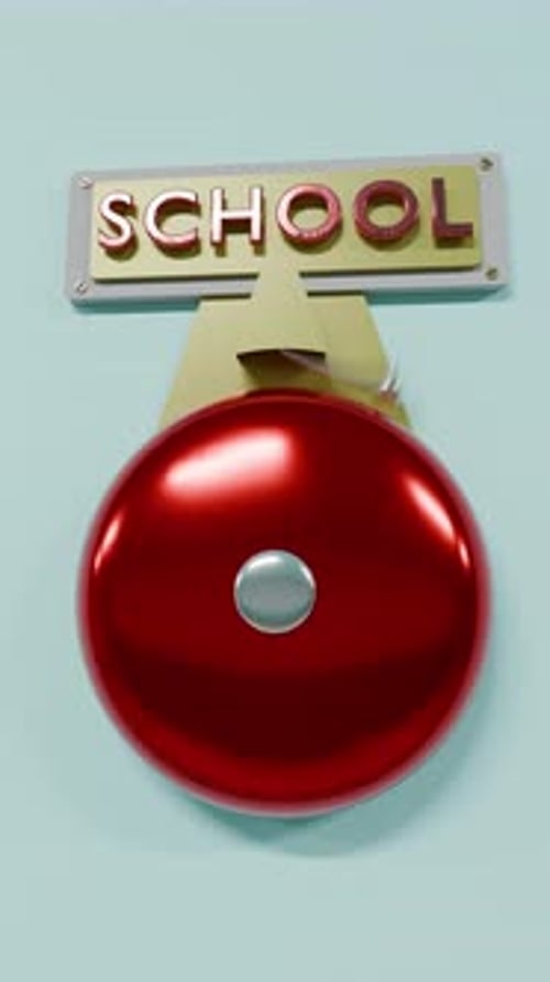Campana roja de regreso a clases sobre fondo de pared azul