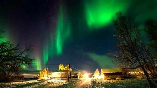 Natural wonder of aurora borealis in starry sky in winter over houses in Norway