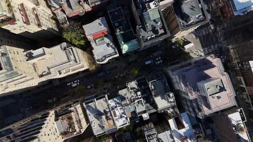 Aerial video above skyscrapers and skyline in Manhattan, New York
