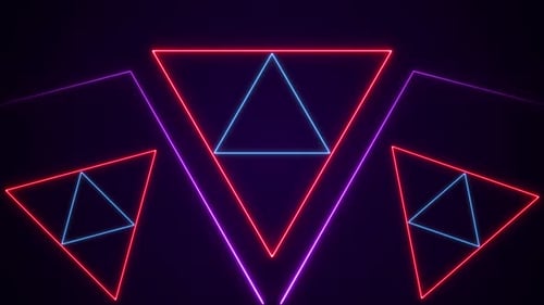 Triángulo abstracto, luz de neón azul, púrpura y roja, escenario, fiesta, música de DJ