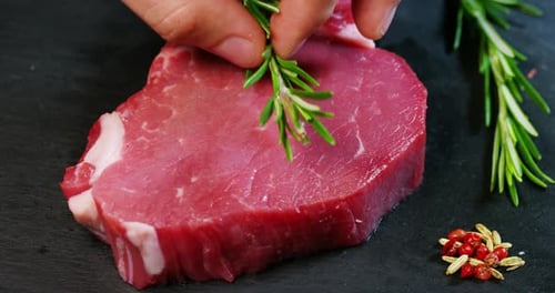 Uncooked Steak with Fresh Rosemary and Spices