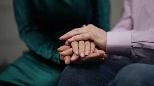 Senior Woman Stroking Man Hands Tender Gentle Mature Wife Supporting Husband Caring in Stress
