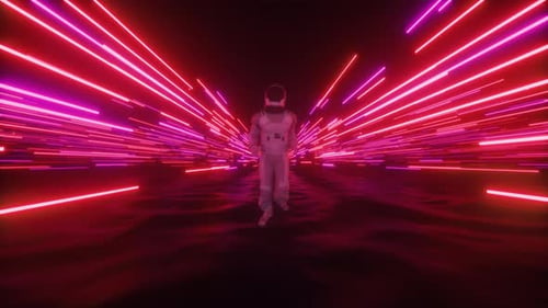 Futuristic Astronaut Running Through Neon Light Tunnel