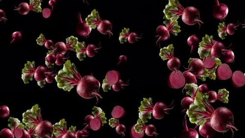 Fresh Beets and Slices Falling Loop Animation on Black Background