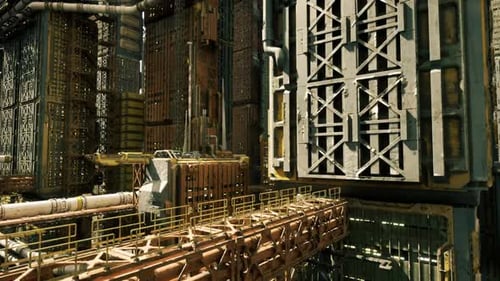 Industrial Interior Featuring Interconnected Systems and Textured Surfaces