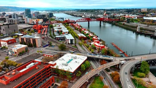 Public transport moving by the bridge and highway in urban city.