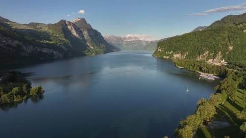 Alpine scenery with Lake Walensee nestled in the Swiss Alps, Switzerland.