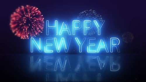Happy New Year Neon Text with Festive Fireworks Celebration