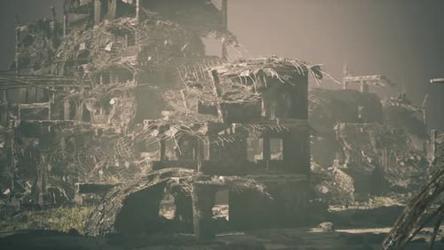 Dusty Debris and Broken Machinery Amidst Eerie Silent Landscape