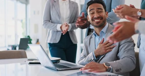 Success, applause or businessman trading on stock market in celebration of financial profit