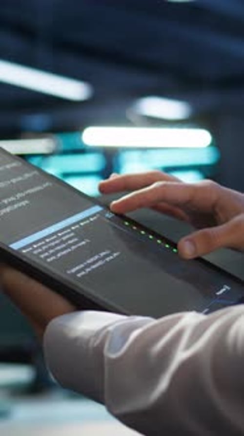 Vertical Video Engineer Working in Data Center Used for Managing Infrastructure Rigs