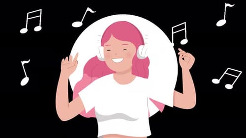 A woman dances while listening to music with her headphones on animation 4k on alpha channel