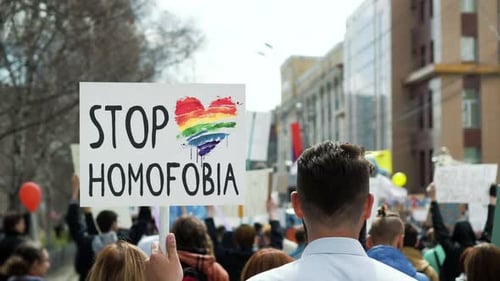 Rainbow Heart on Lgbt Protest Banner Gay Pride People Stop Homofobia Placard