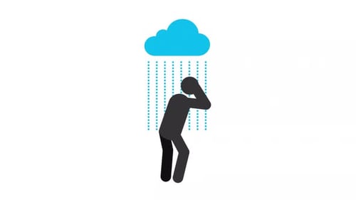 Animated Flat Design Person Under Rain Cloud