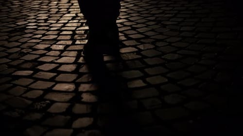 Person Walking on Cobblestone Street at Night