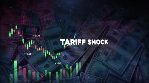 Tariff Shock Words On Economic Background With Decrease Bar Chart Graph And Arrow