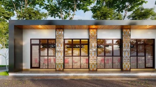 Edificio de oficinas de arquitectura moderna con detalles de diseño vibrantes para empresas creativas