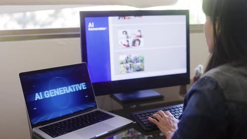 Appli AI Generative. Femme d'affaires créant des images avec une technologie logicielle d'intelligence artificielle.