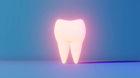 Toothache 3D loop animation neon light blue background. White healthy ...