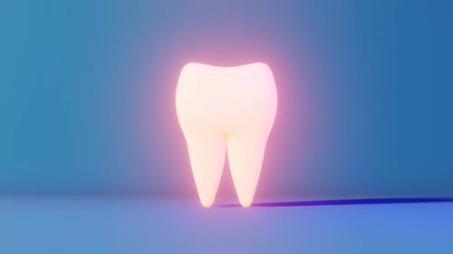 Zahnschmerzen 3D-Loop-Animation neonhellblauer Hintergrund. Weißes, gesundes Zahnmuster, Backenzahn