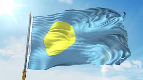 Realistic Flag of Palau Waving In Blue Sunny Sky