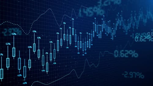 Stock Market Exchange and Forex Candles Chart Background Investment Indexes and Currency Stats Data