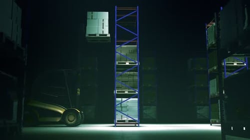 Warehouse Forklift Moving Stacked Cardboard Boxes