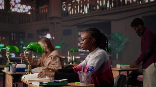 University Student Engrossed in Texting with Classmates at the Library