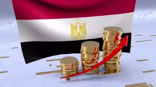 Egypt Flag With Gold Coins Tower And Up Arrow