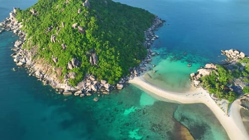 Drone aerial view captures stunning island. 4K.