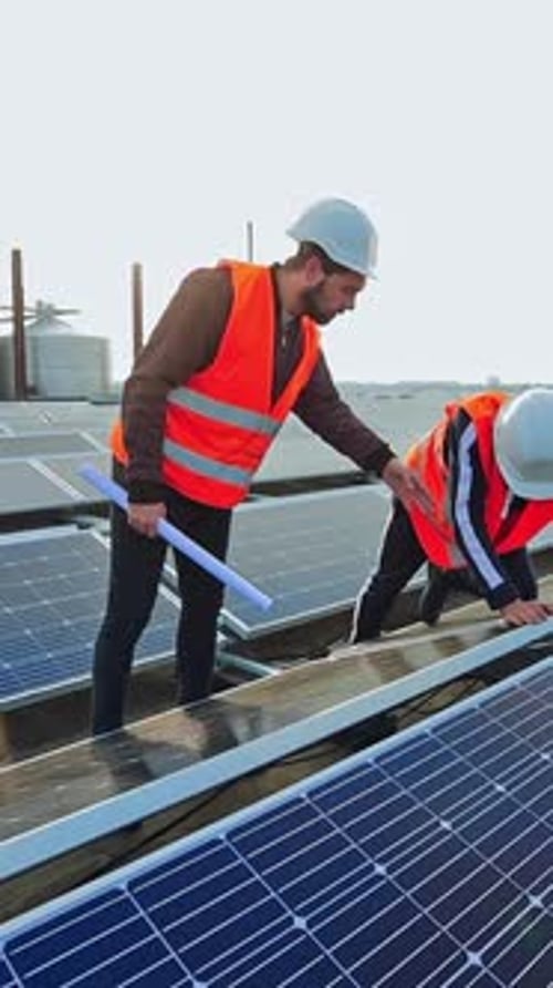 Ingenieros comprobando los paneles solares.