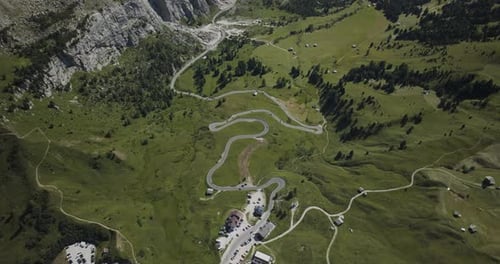 Aerial view of Passo Gardena, Dolomites Mountains, Trentino, Italy.