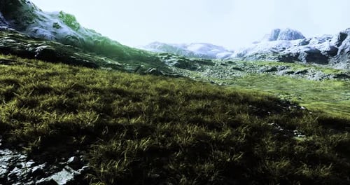 Scenic Mountain Landscape Features Lush Grass and Rocky Terrain Under Clear Sky