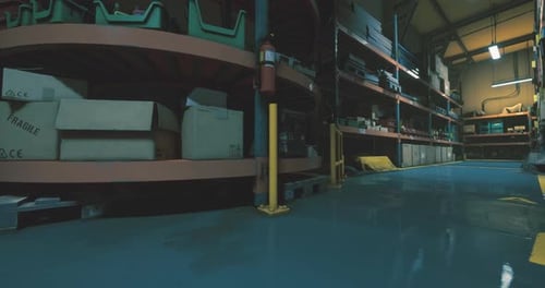 Warehouse Storage Area with Shelves Filled with Various Boxes and Items