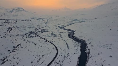 Aerial View stream in winter time