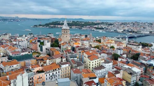 Drone view of Galata Tower in Istanbul, Turkey. Aerial view