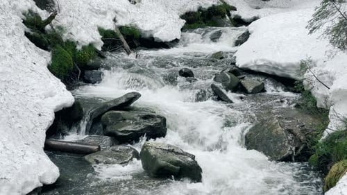 Beautiful River Water Flow and Snow in Winter. View of Mountain River