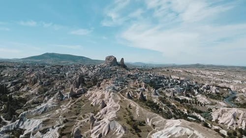 Drone View on Uchisar Castle Valley Goreme Capadoccia Turkey