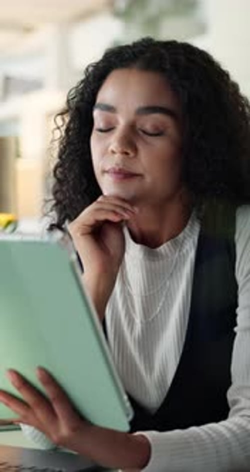 Tablet, thinking and businesswoman in office with research for finance report with company budget