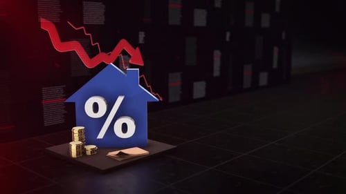 House Interest Rate Percent Mortgage Finance Down Trend Crisis Concept 3D Animation 4K